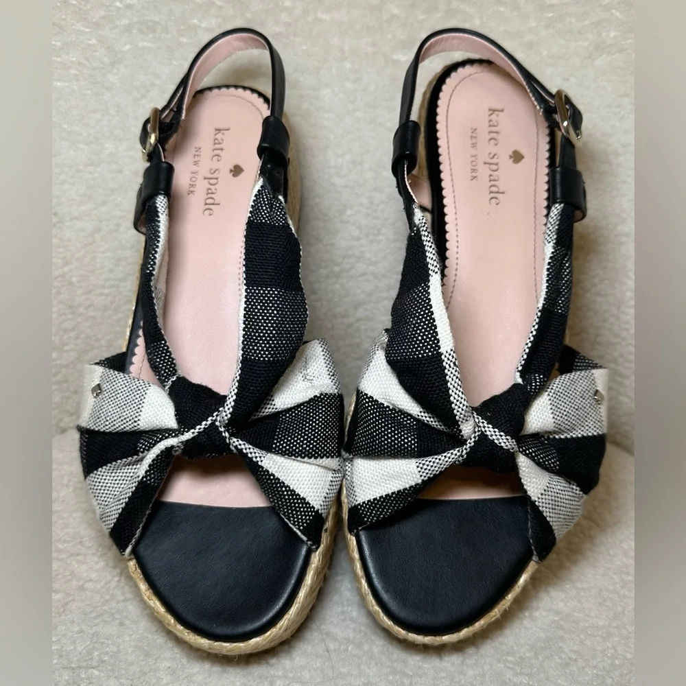Kate Spade Betsy platform flat sandal black white gingham preppy espadrille cute